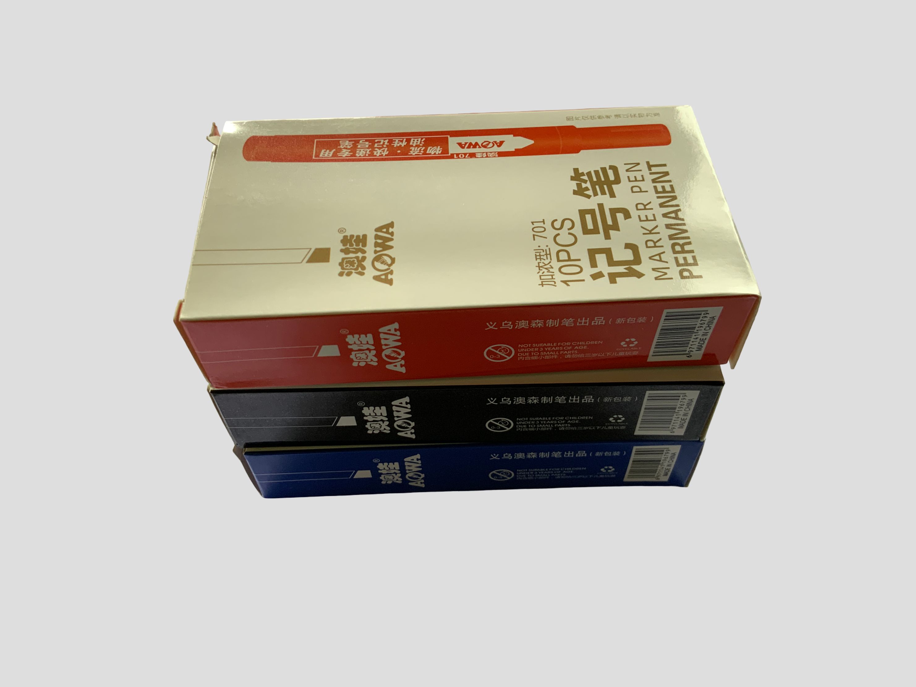 AOWA 701 Permanent Marker Pen (Box of 10)  Blue/Red/Black Waterproof Permanent Marker Set Office/School Marker Pens