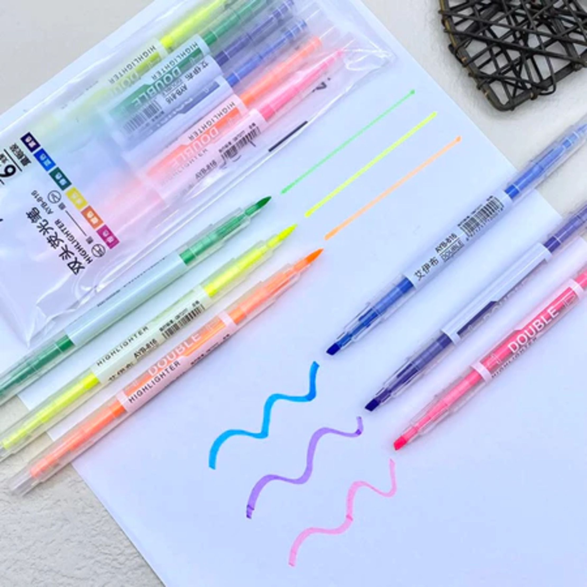 AYB-816 Double-Ended Highlighter Pen Set  6pcs Fluorescent Color Dual Tip Highlighters  AYB Double Head Highlighter Pens  Dual Tip Neon Highlighter Markers Set