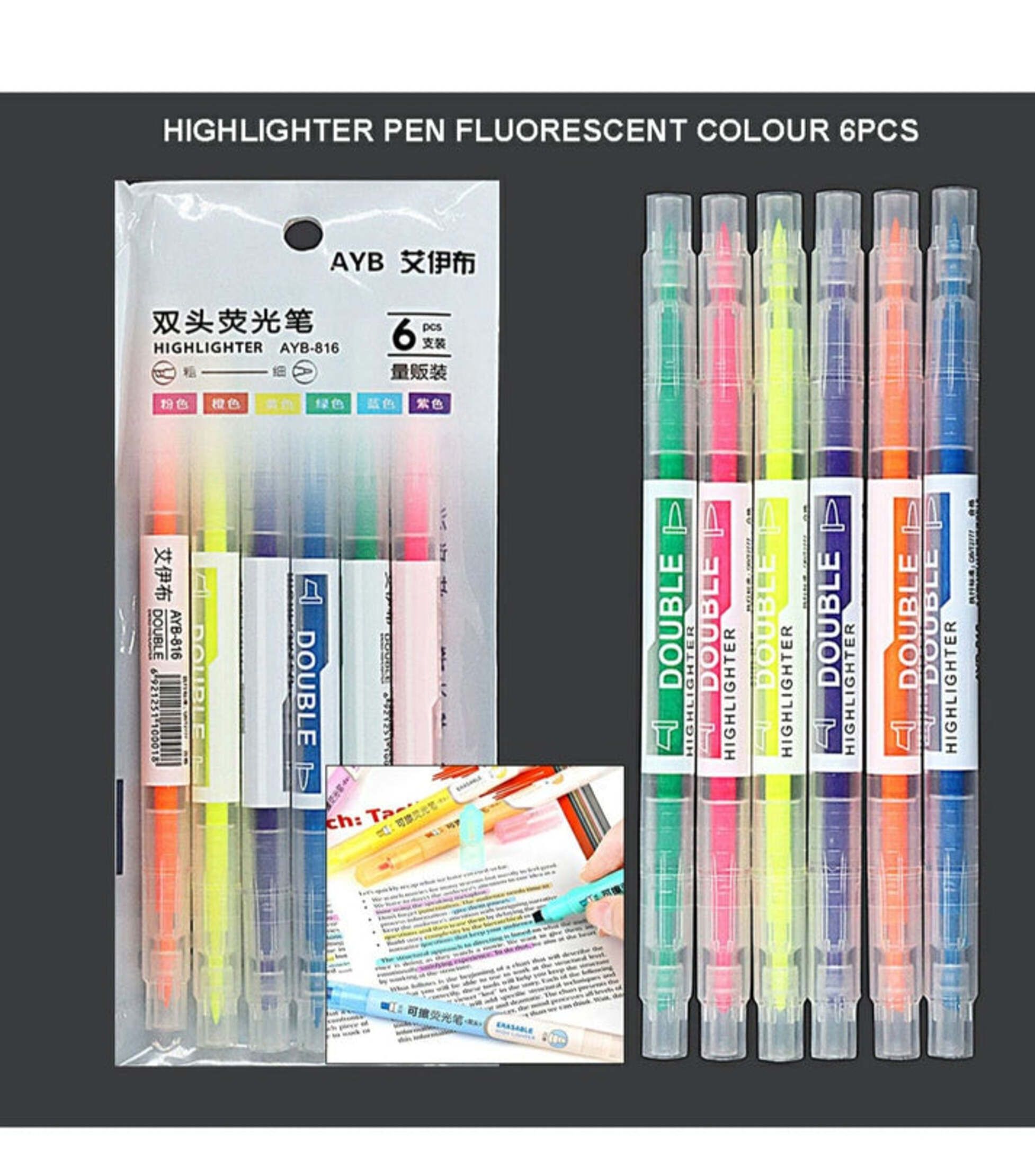 AYB-816 Double-Ended Highlighter Pen Set  6pcs Fluorescent Color Dual Tip Highlighters  AYB Double Head Highlighter Pens  Dual Tip Neon Highlighter Markers Set