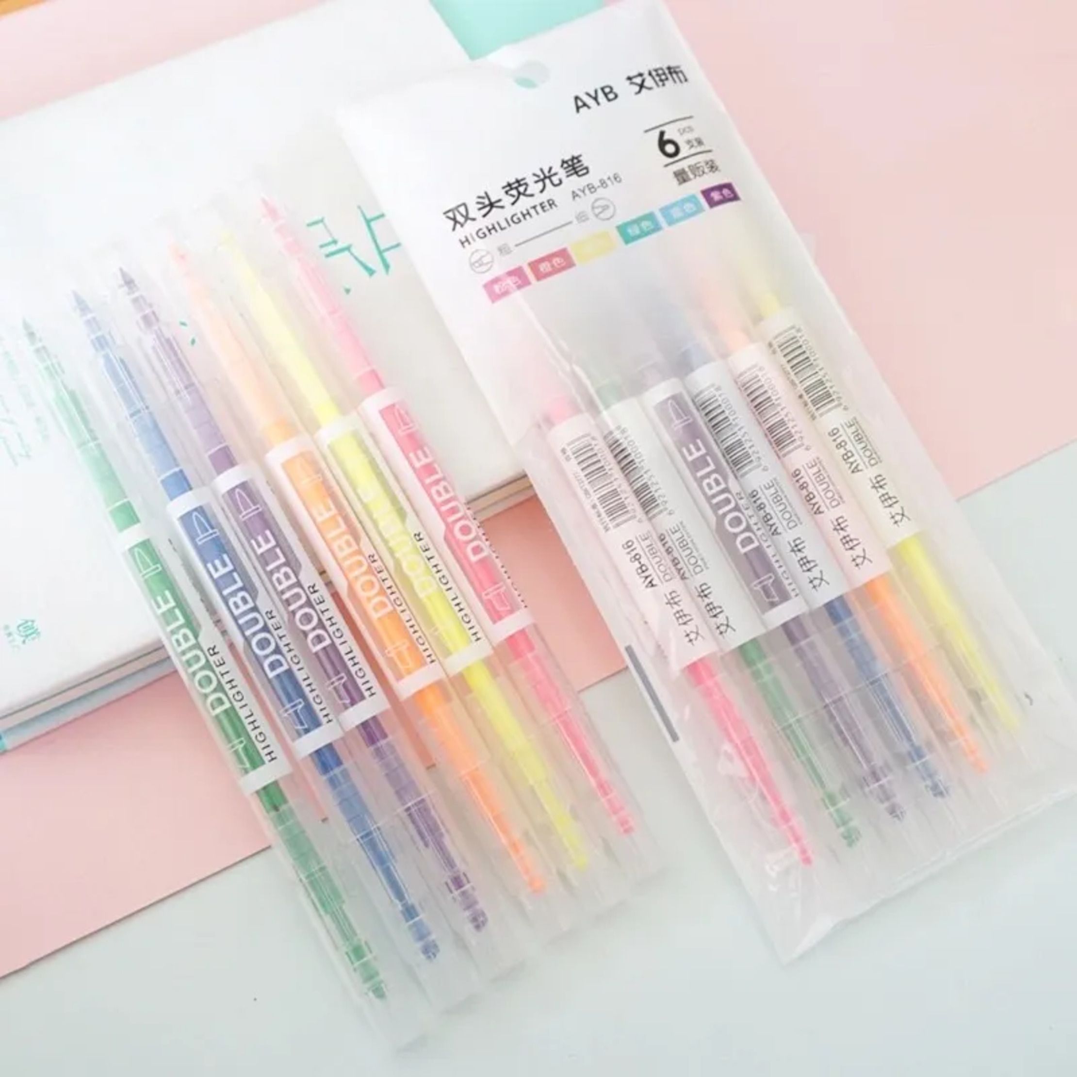 AYB-816 Double-Ended Highlighter Pen Set  6pcs Fluorescent Color Dual Tip Highlighters  AYB Double Head Highlighter Pens  Dual Tip Neon Highlighter Markers Set