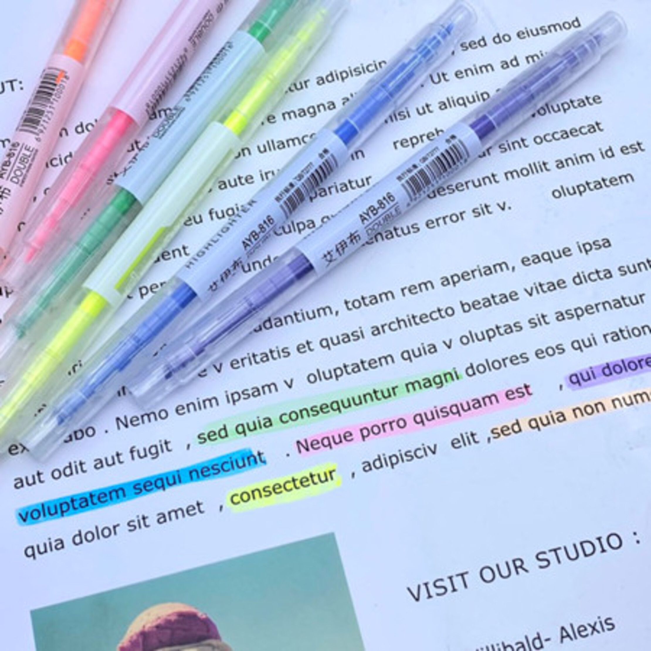 AYB-816 Double-Ended Highlighter Pen Set  6pcs Fluorescent Color Dual Tip Highlighters  AYB Double Head Highlighter Pens  Dual Tip Neon Highlighter Markers Set
