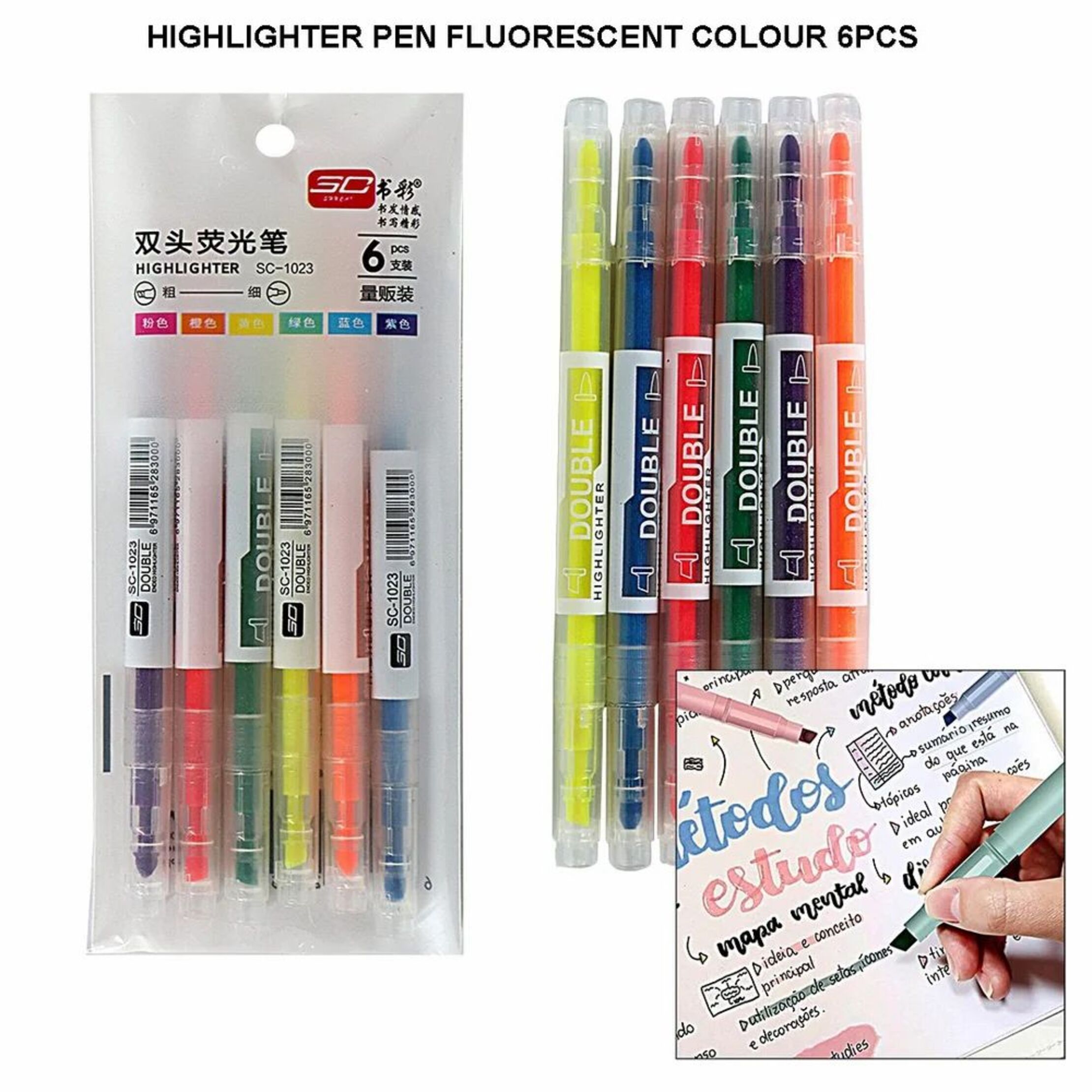 AYB-816 Double-Ended Highlighter Pen Set  6pcs Fluorescent Color Dual Tip Highlighters  AYB Double Head Highlighter Pens  Dual Tip Neon Highlighter Markers Set
