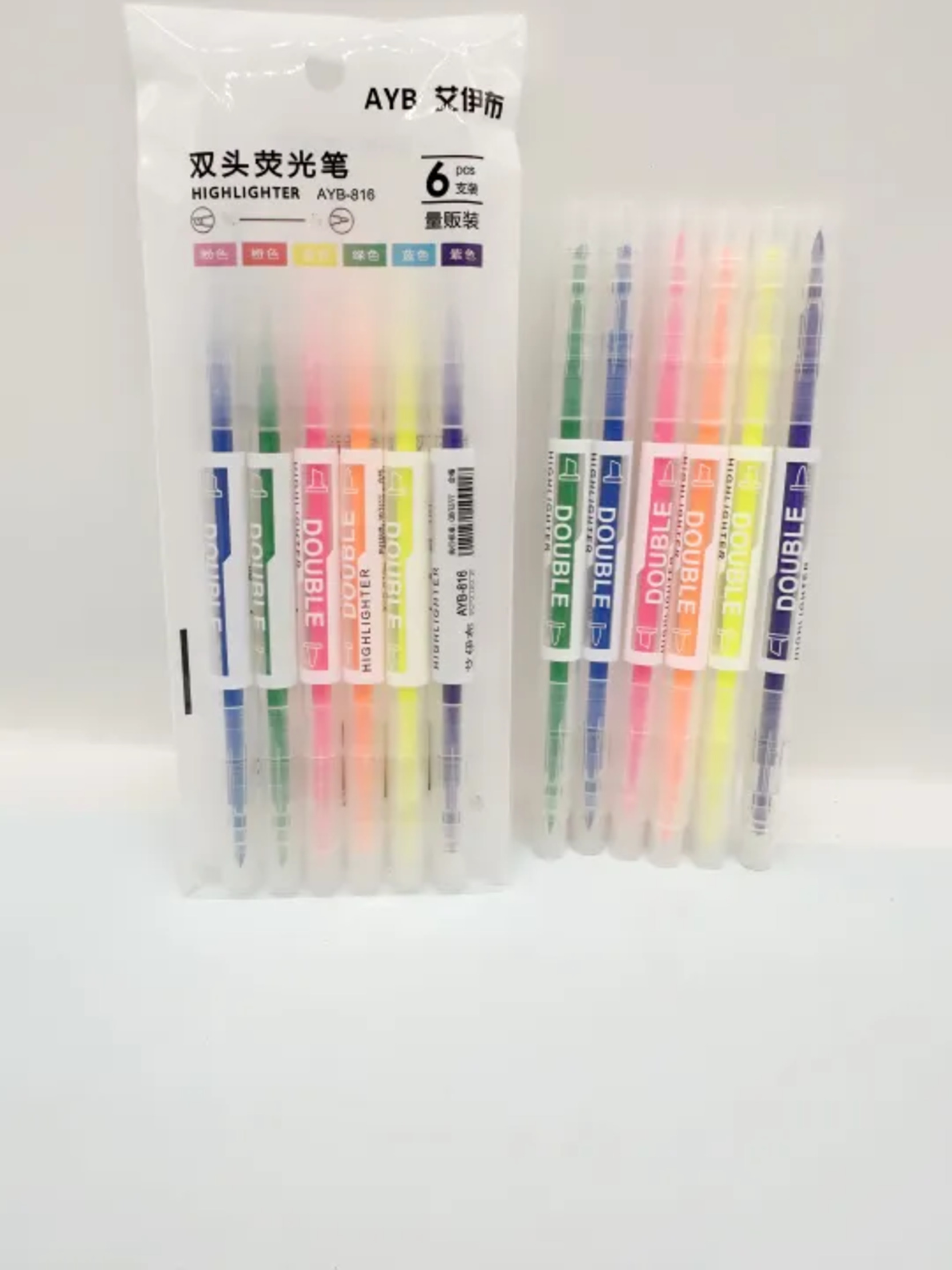 AYB-816 Double-Ended Highlighter Pen Set  6pcs Fluorescent Color Dual Tip Highlighters  AYB Double Head Highlighter Pens  Dual Tip Neon Highlighter Markers Set