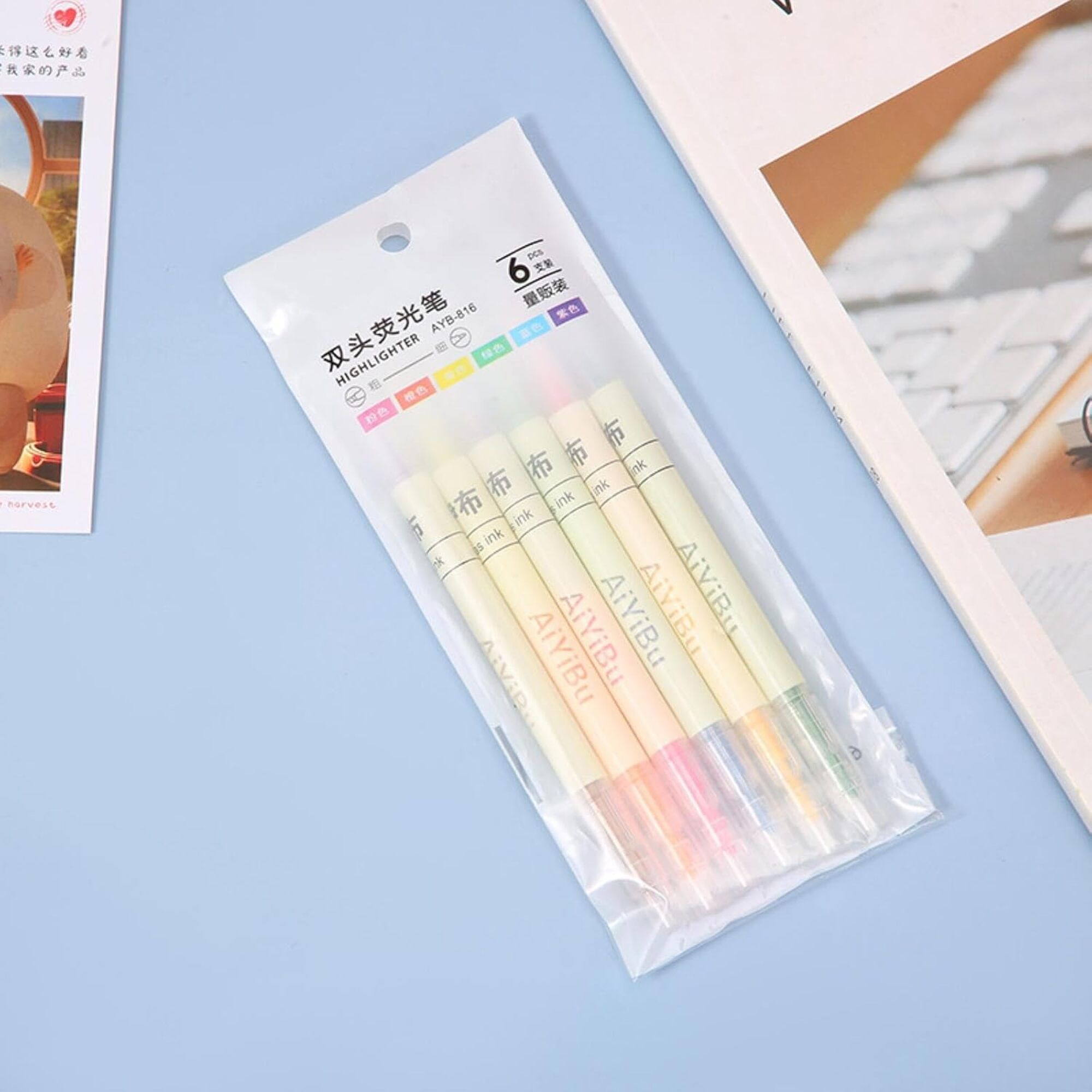 AYB-816 12 Colors Double-Ended Highlighter Pen Set  6pcs Fluorescent Color Dual Tip Highlighters  AYB Double Head Highlighter Pens  Dual Tip Neon Highlighter Markers Set