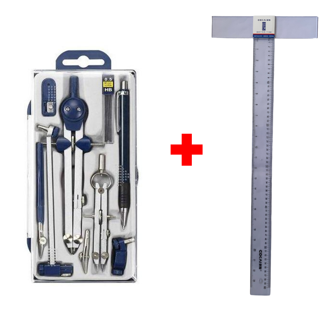 Complete Technical Drawing Geometry Set (Cokai T-1360, 9 pcs Set, 45 cm Set Squares)  Professional Geometry & Drafting Tools Kit  Comprehensive Technical Drawing Instruments Bundle