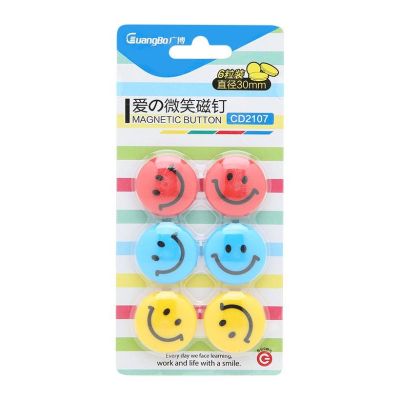 Guangbo CD2107 Smile Face Magnetic Button Set – 6pcs, 30mm Refrigerator/Whiteboard Magnets