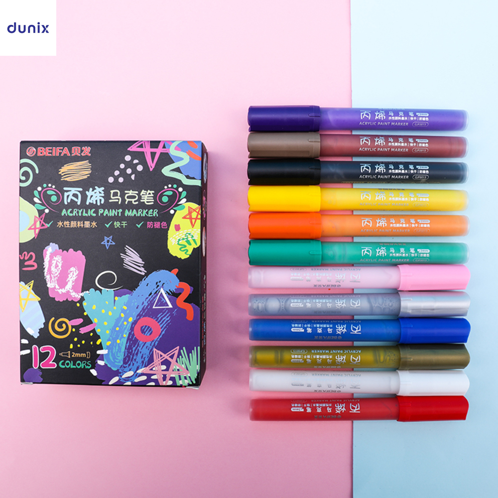 BEIFA 12-Color Acrylic Paint Marker Pens – Quick Dry, Waterproof, Multi-Surface Art Set
