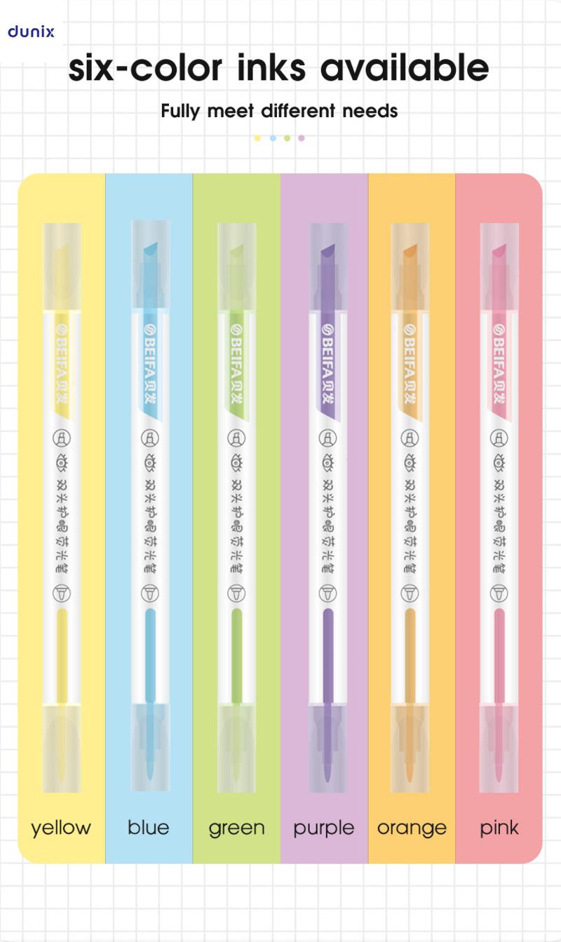 BEIFA Eye Protection Pastel Dual-Tip Highlighter Pens –  Soft Color, 6pcs Set
