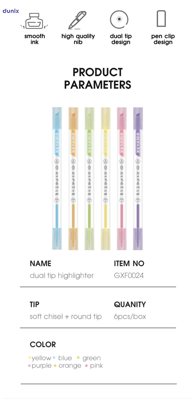 BEIFA Eye Protection Pastel Dual-Tip Highlighter Pens –  Soft Color, 6pcs Set