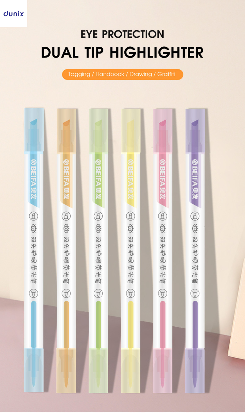 BEIFA Eye Protection Pastel Dual-Tip Highlighter Pens –  Soft Color, 6pcs Set