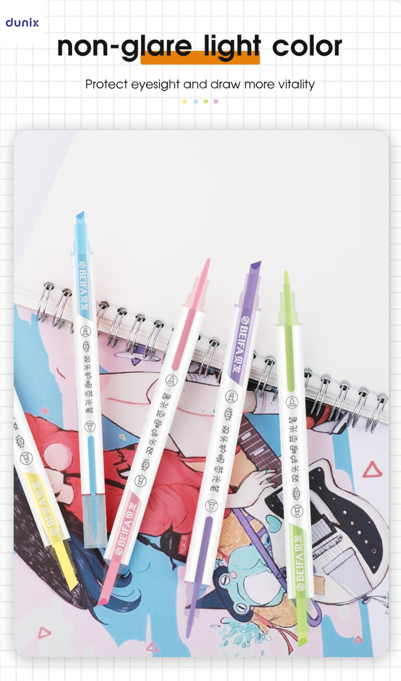 BEIFA Eye Protection Pastel Dual-Tip Highlighter Pens –  Soft Color, 6pcs Set