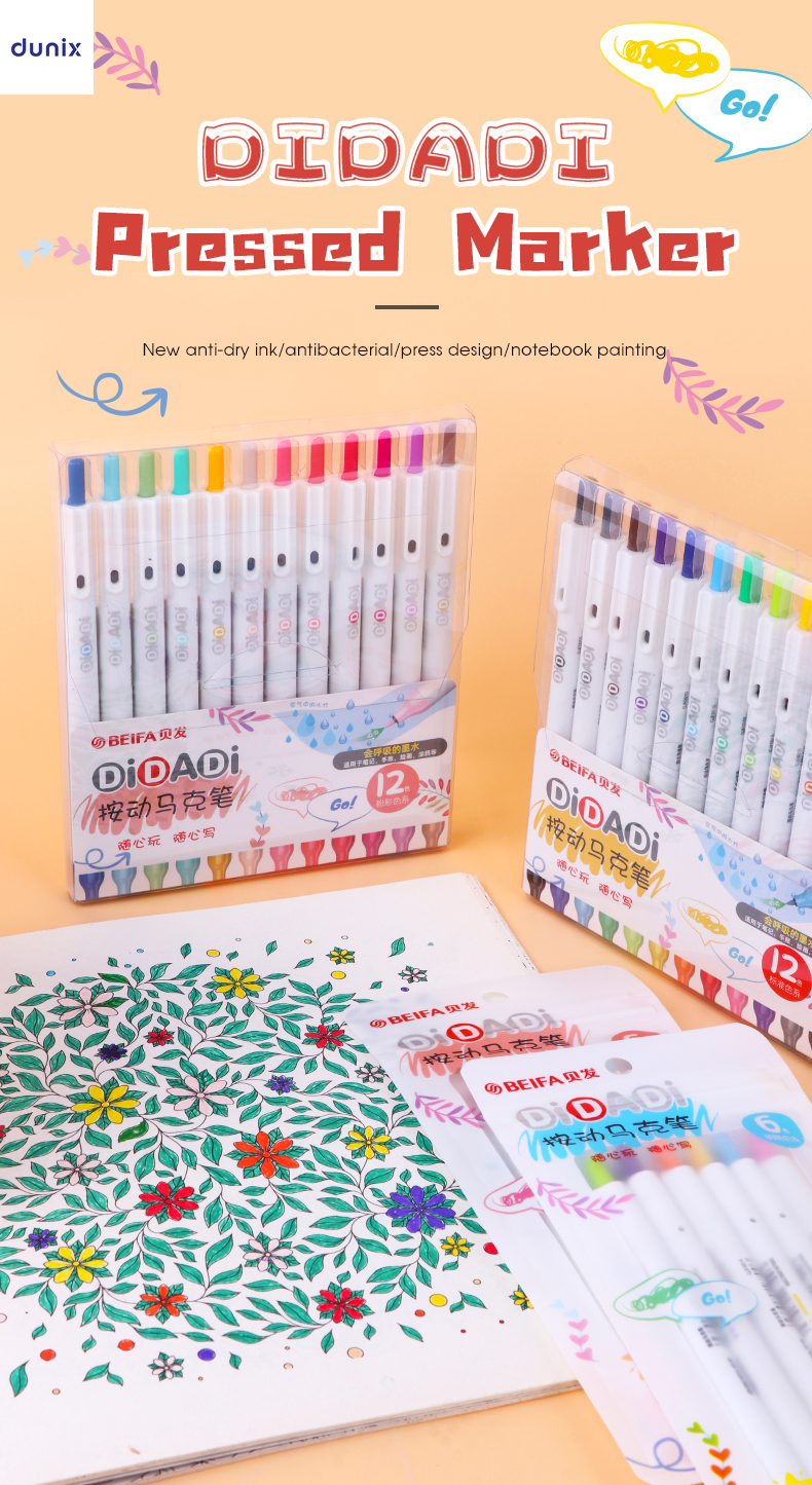 BEIFA DIDADI Pastel Pressed Marker Pen Set – 12 Colors Slim Barrel Design