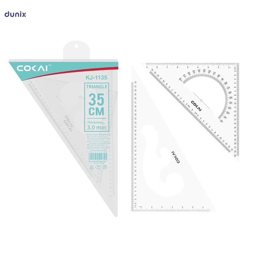 COKAI KJ-1135 Transparent Geometry Ruler Set – Protractor, French Curve & Triangle Ruler 35cm Transparent Set Square