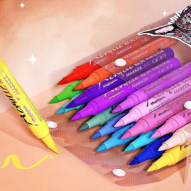 GUANGBO H02275 Soft Brush Acrylic Marker Set – 12 Colors  Acrylic Paint Pen Set  Soft Fiber Nib Marker Painting & Drawing Maker pens