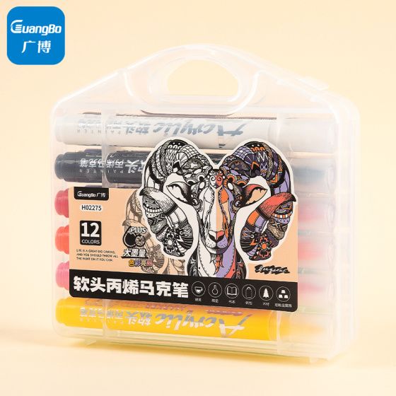 GUANGBO H02275 Soft Brush Acrylic Marker Set – 12 Colors  Acrylic Paint Pen Set  Soft Fiber Nib Marker Painting & Drawing Maker pens