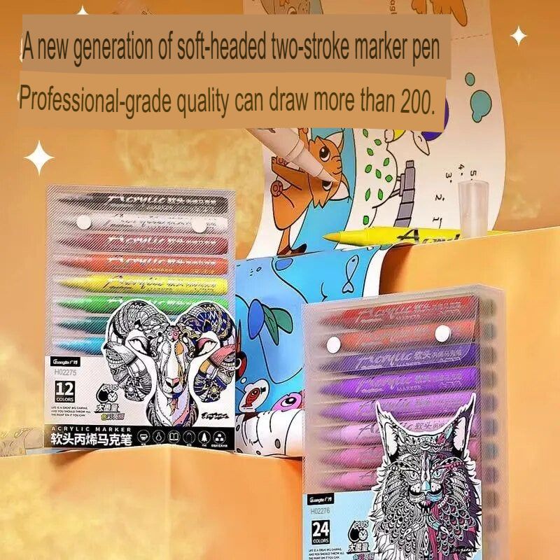 GUANGBO H02275 Soft Brush Acrylic Marker Set – 12 Colors  Acrylic Paint Pen Set  Soft Fiber Nib Marker Painting & Drawing Maker pens