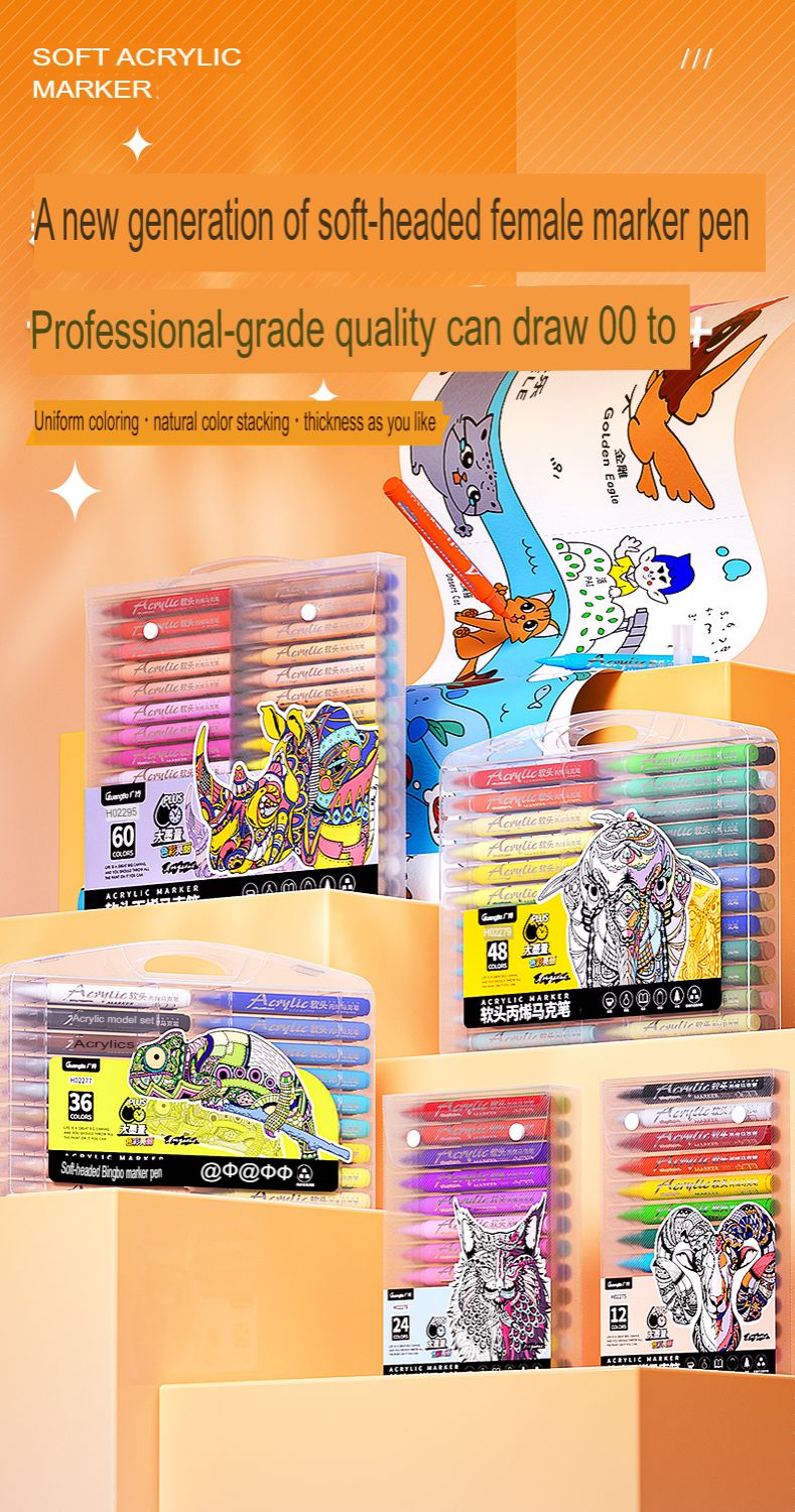 GUANGBO H02275 Soft Brush Acrylic Marker Set – 12 Colors  Acrylic Paint Pen Set  Soft Fiber Nib Marker Painting & Drawing Maker pens