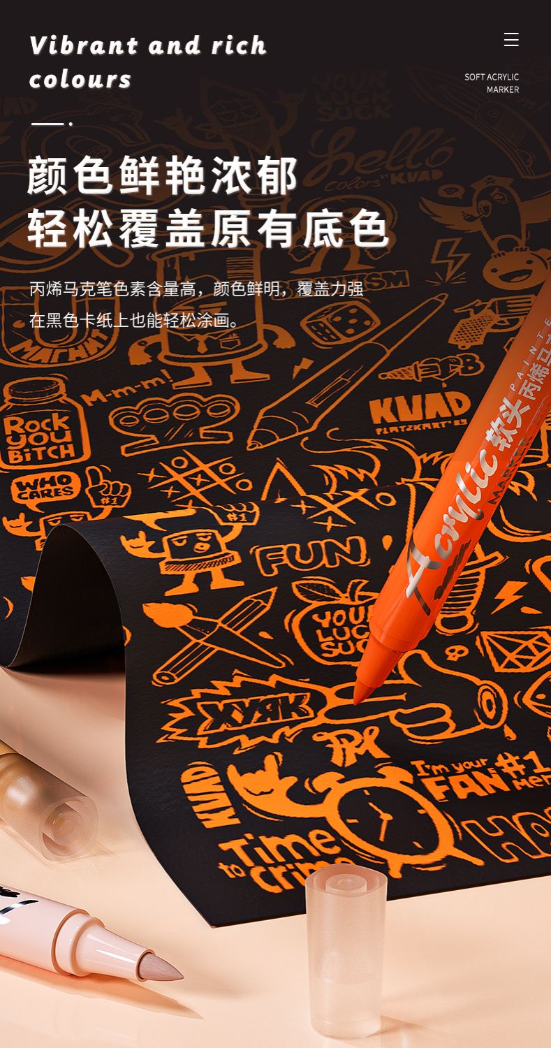 GUANGBO H02275 Soft Brush Acrylic Marker Set – 12 Colors  Acrylic Paint Pen Set  Soft Fiber Nib Marker Painting & Drawing Maker pens