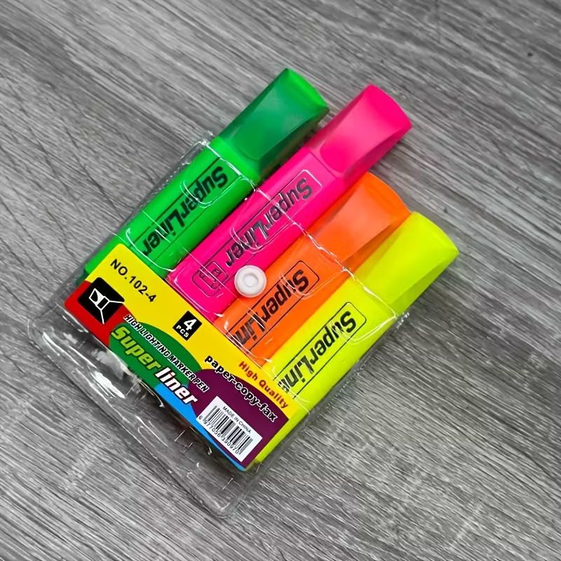 SuperLiner Highlighters – Fluorescent Marker Pens (4 Colors) Highlighter Set – Neon Color Study/Office Markers