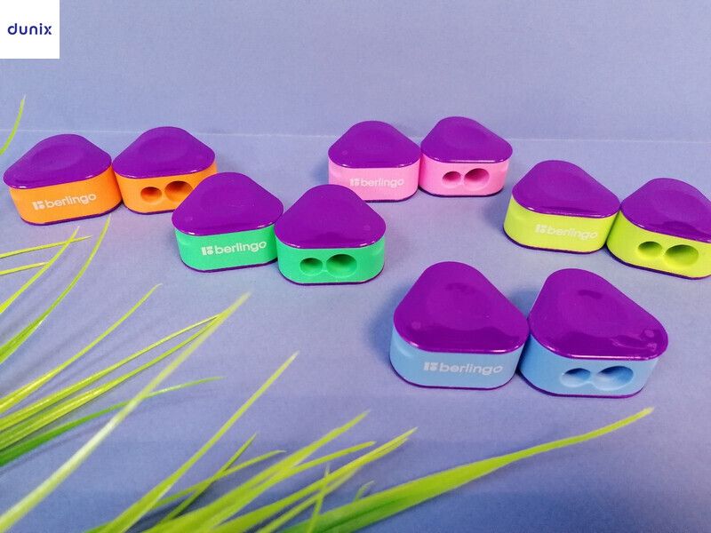 24 PCSS Berlingo Triangle Double-Hole Pencil Sharpeners – Assorted Colours, 24 Pieces Jar
