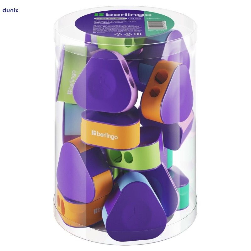 24 PCSS Berlingo Triangle Double-Hole Pencil Sharpeners – Assorted Colours, 24 Pieces Jar