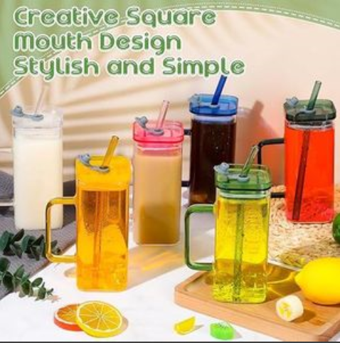 🍇400ml Square smoothie glass cup with matching straws now available in 6 colours (2 designs - good morning with bamboo lids; unbranded matching colours acrylic lids)
