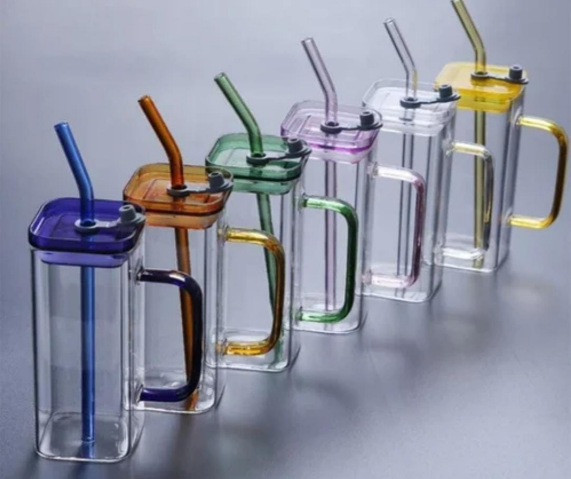 🍇400ml Square smoothie glass cup with matching straws now available in 6 colours (2 designs - good morning with bamboo lids; unbranded matching colours acrylic lids)
