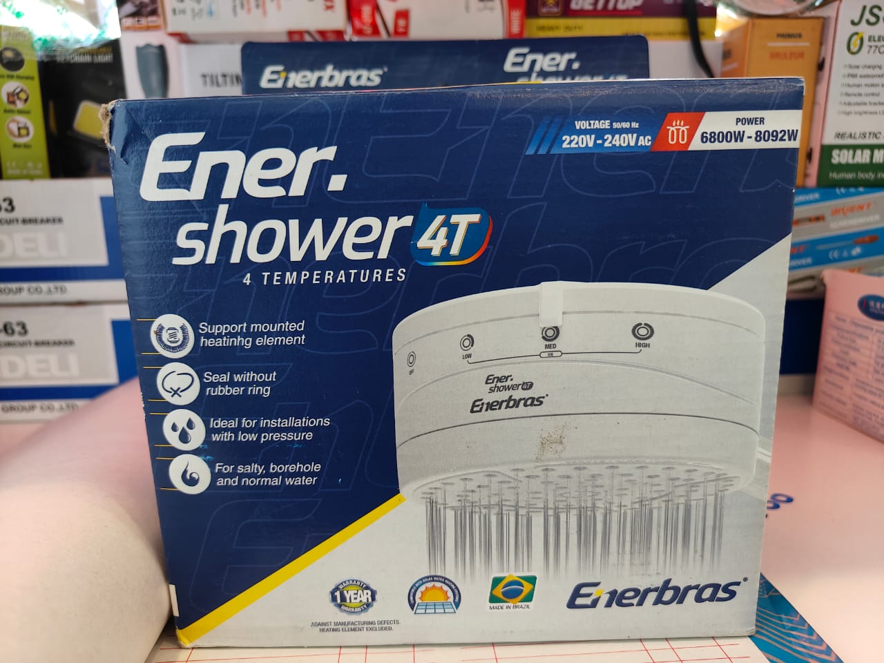 Ener Instant Shower. Shower Head. Enerbras Enershower 4T Heater. Mounted Heatinng Element. Seal Without Rubber Ring. Installation with Low Pressure for Salty, Normal and Borehole water
