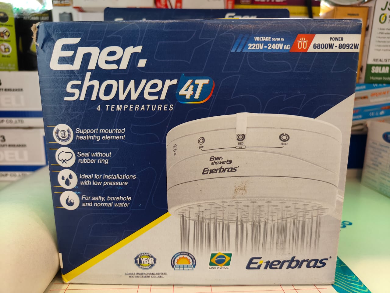Ener Instant Shower. Shower Head. Enerbras Enershower 4T Heater. Mounted Heatinng Element. Seal Without Rubber Ring. Installation with Low Pressure for Salty, Normal and Borehole water