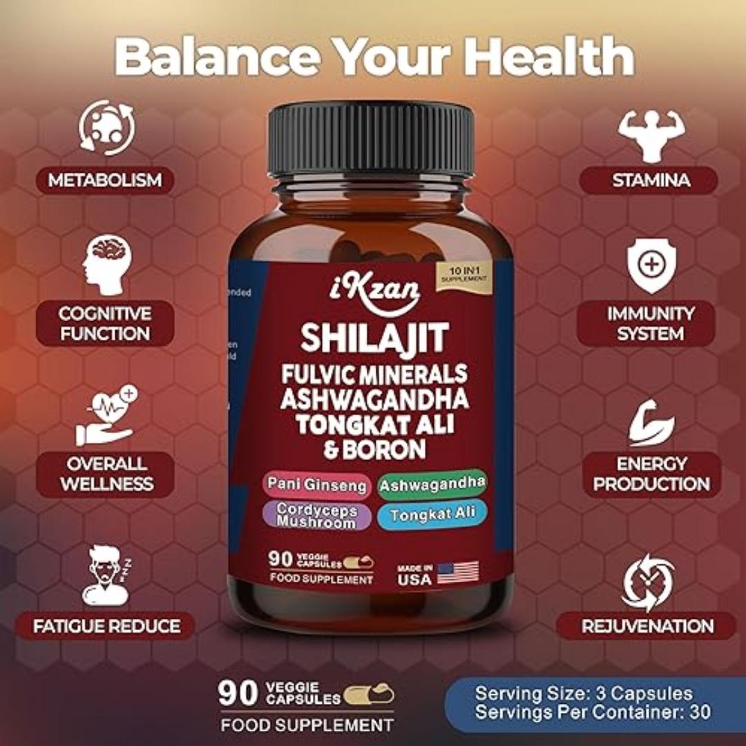 Pure Shilajit Himalayan10,000mg, Ashwagandha 2000MG, Cordyceps Mushroom 500MG, Panax Ginseng 1500MG, Tongkat Ali 300mg, Boron 6mg, Turmeric 25mg, Black Pepper 5mg, Magnesium 50mg, Zinc 11mg. view 3