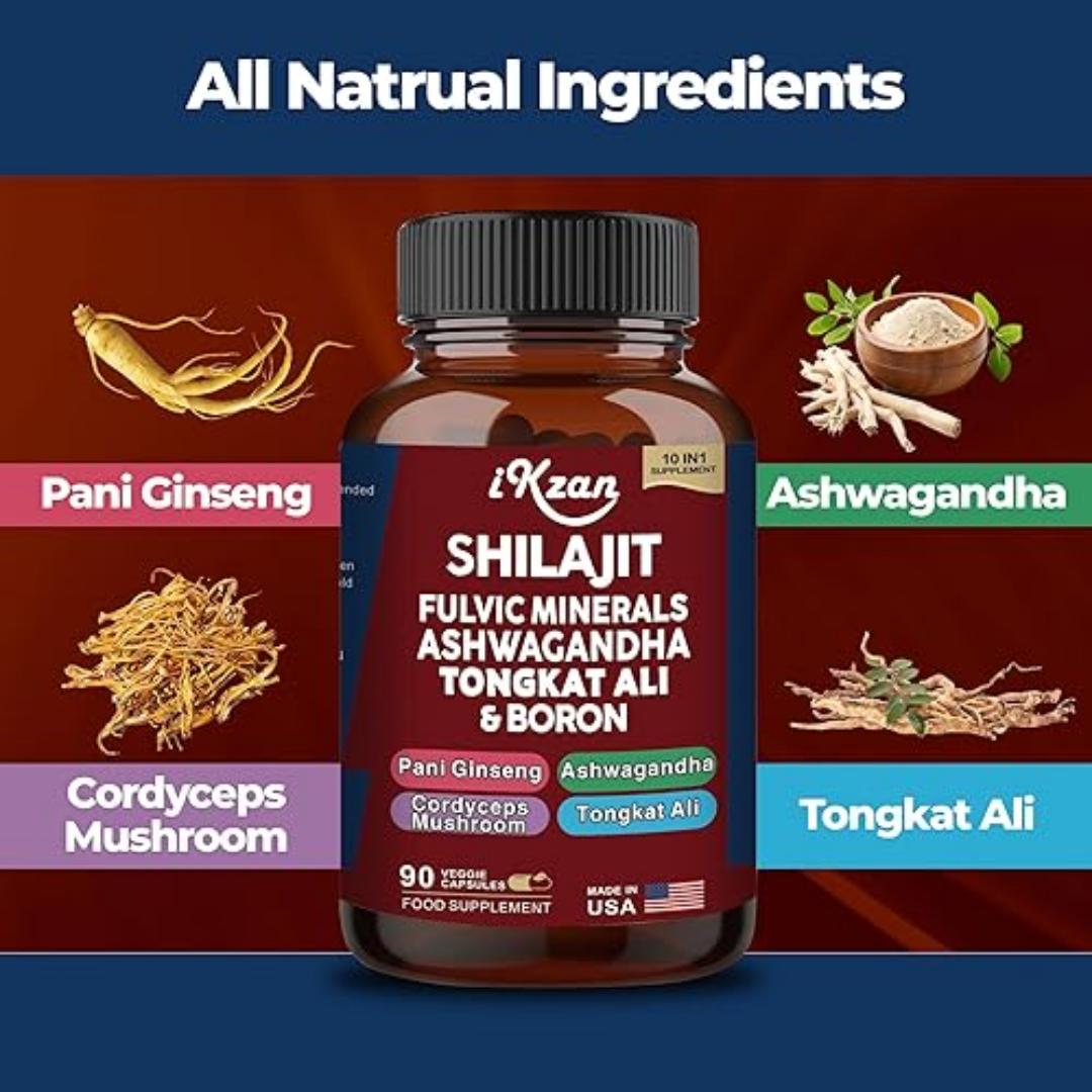 Pure Shilajit Himalayan10,000mg, Ashwagandha 2000MG, Cordyceps Mushroom 500MG, Panax Ginseng 1500MG, Tongkat Ali 300mg, Boron 6mg, Turmeric 25mg, Black Pepper 5mg, Magnesium 50mg, Zinc 11mg. view 2