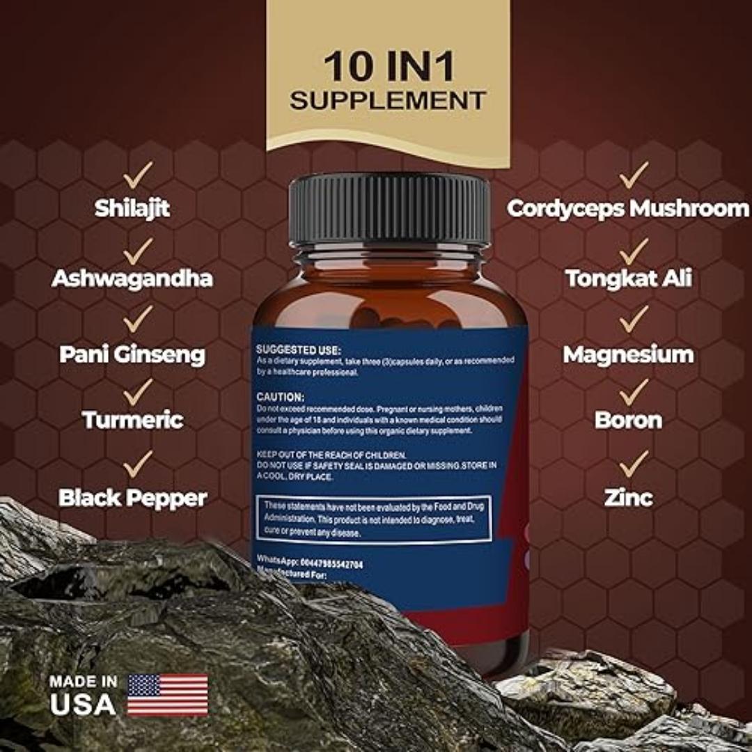 Pure Shilajit Himalayan10,000mg, Ashwagandha 2000MG, Cordyceps Mushroom 500MG, Panax Ginseng 1500MG, Tongkat Ali 300mg, Boron 6mg, Turmeric 25mg, Black Pepper 5mg, Magnesium 50mg, Zinc 11mg. view 4