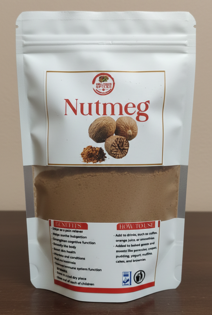 Premium Nutmeg Powder: Supports Sleep Quality, Eases Digestion, and Provides Anti-Inflammatory Relief—Your Natural Spice for Calm and Well-being.