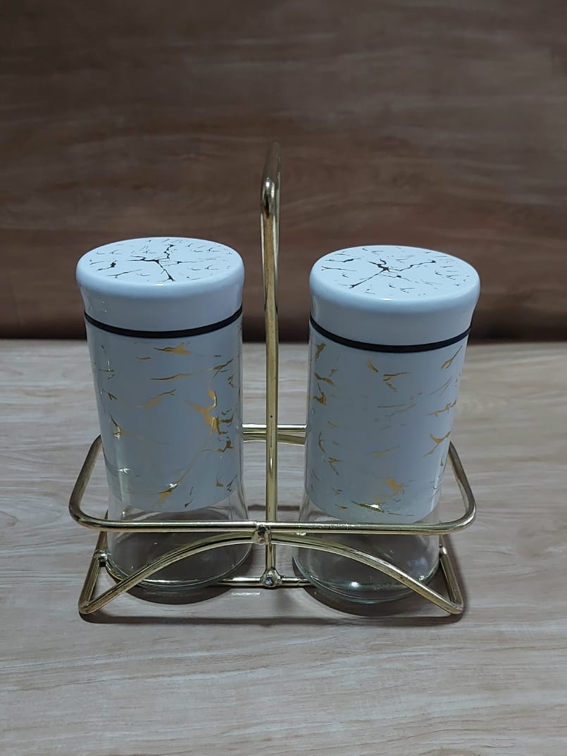 3in1 salt shaker set (2pcs marble profile glass salt shaker +1stand).
