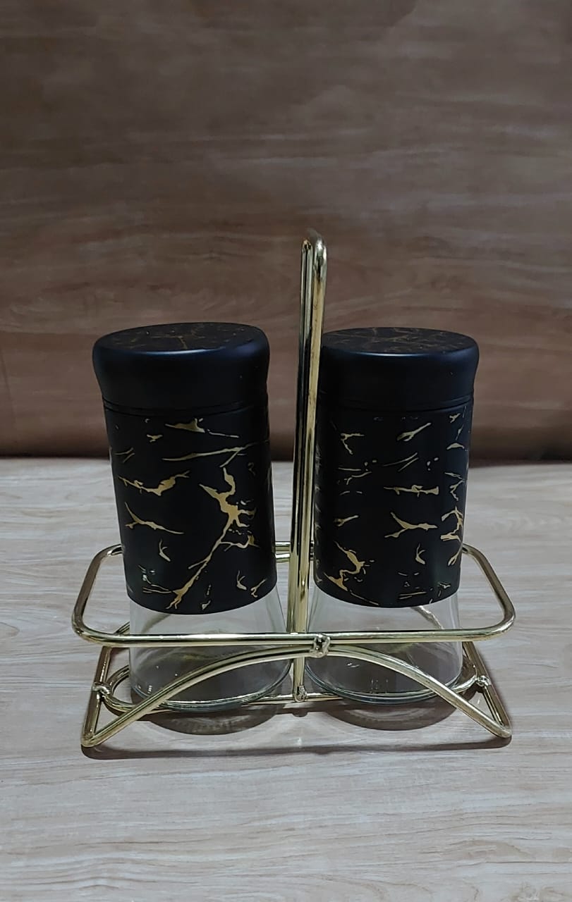 3in1 salt shaker set (2pcs marble profile glass salt shaker +1stand).