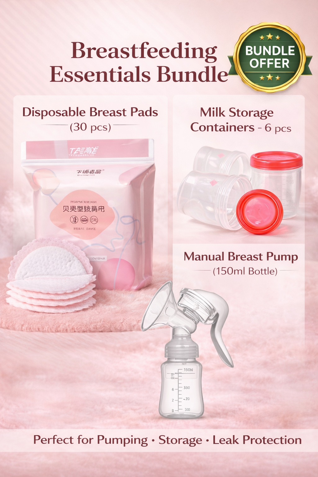 37pcs Breastfeeding Set – Manual Breast Pump, 6 Breast Milk Storage Containers & 30 Disposable Breast Pads