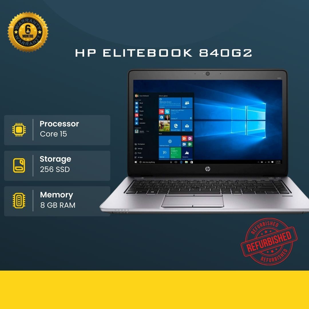 REFURBISHED HP ELITEBOOK 840 G2 I5 8GB 500GB HDD. this is a high-performance laptop equipped with an Intel Core i5-5200U processor, 8GB of RAM, and a fast 256GB SSD for quick boot time and data access