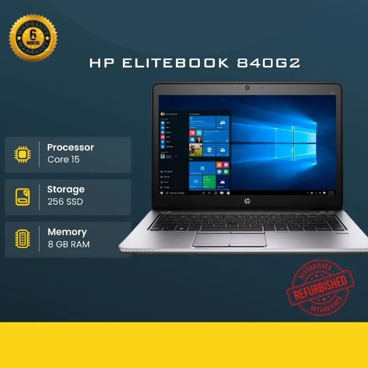 REFURBISHED HP ELITEBOOK 840 G2 I5 8GB 500GB HDD. this is a high-performance laptop equipped with an Intel Core i5-5200U processor, 8GB of RAM, and a fast 256GB SSD for quick boot time and data access