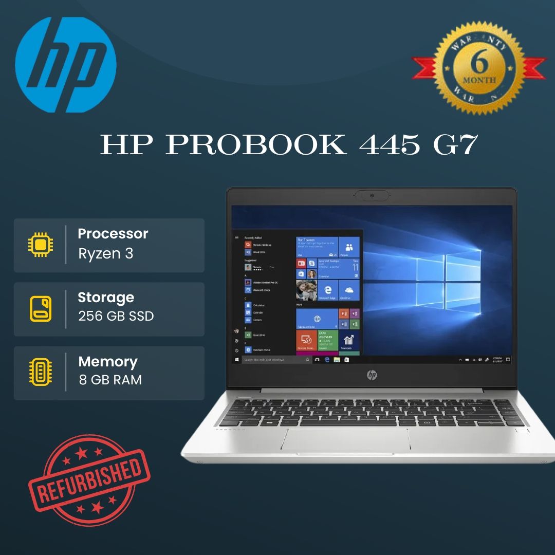 REFURBISHED HP PROBOOK 445G7 RYZEN 3 8GB RAM 256GB SSD.
Processor: AMD Ryzen 3 4300U (Quad-Core, up to 3.7GHz)
Memory: 8GB DDR4 RAM – smooth multitasking
Storage: 256GB SSD