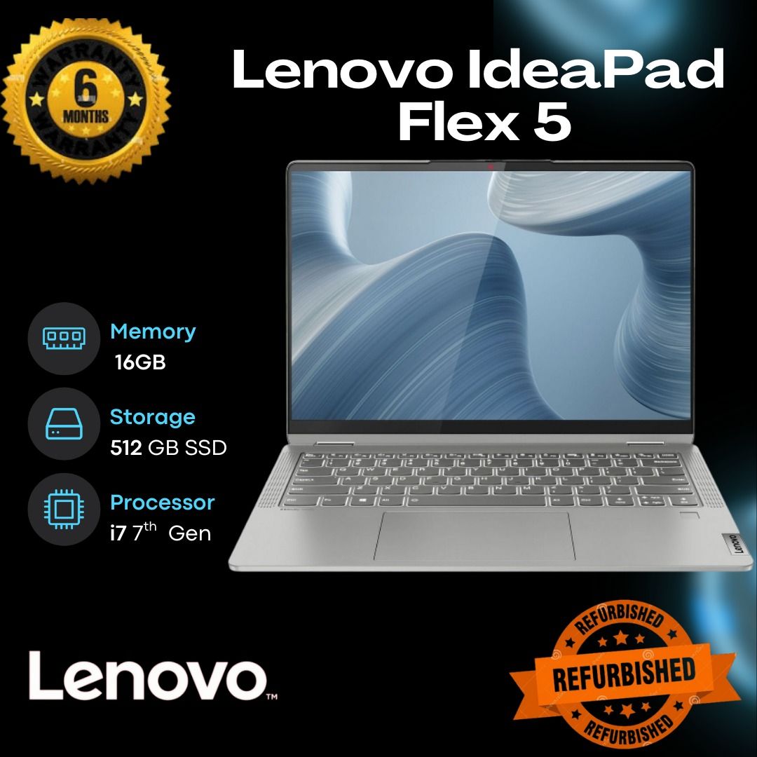 LENOVO IDEAPAD FLEX 5. CONVERTIBLE INTEL CORE I7-7500U 7TH GEN (2.7 GHZ BASE, UP TO 3.5 GHZ WITH TURBO BOOST, 4MB L3 CACHE, 2 CORES, 4 THREADS). 14 INCHES FHD MULTI-TOUCH DISPLAY WINDOWS 10.