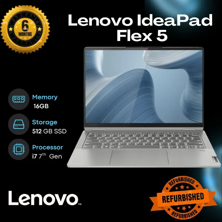 LENOVO IDEAPAD FLEX 5. CONVERTIBLE INTEL CORE I7-7500U 7TH GEN (2.7 GHZ BASE, UP TO 3.5 GHZ WITH TURBO BOOST, 4MB L3 CACHE, 2 CORES, 4 THREADS). 14 INCHES FHD MULTI-TOUCH DISPLAY WINDOWS 10.