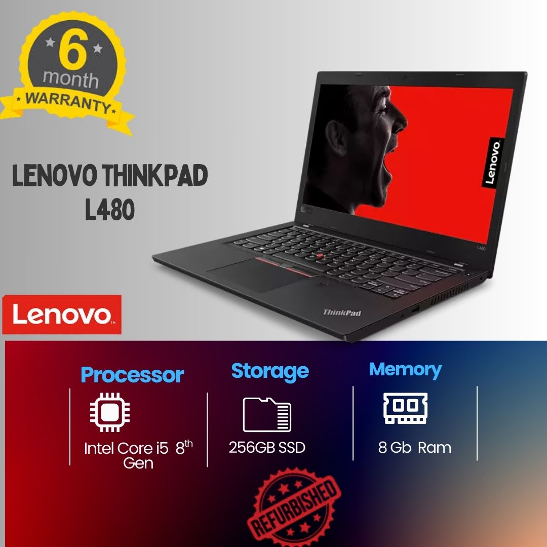 LENOVO THINKPAD L480: 8TH GEN I5-8250U, 8GB DDR4, 256GB NVME SSD, 14” FHD IPS, WI-FI 5, USB-C, 1.7KG, MIL-STD-810G  | DURABLE & POWERFUL BUSINESS LAPTOP | SEAMLESS PERFORMANCE FOR WORK & BEYOND