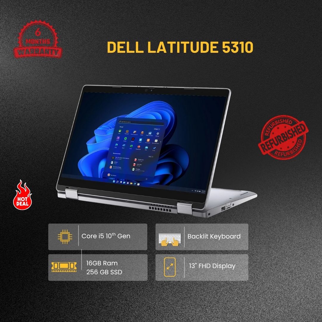 DELL LATITUDE 5310 FEATURES A 10TH GEN INTEL® CORE™ I5 CPU, 16GB RAM, 256GB SSD, AND A SHARP 13.3” FHD DISPLAY—BUILT FOR SECURITY, SPEED, AND MOBILITY IN PROFESSIONAL WORK ENVIRONMENTS.