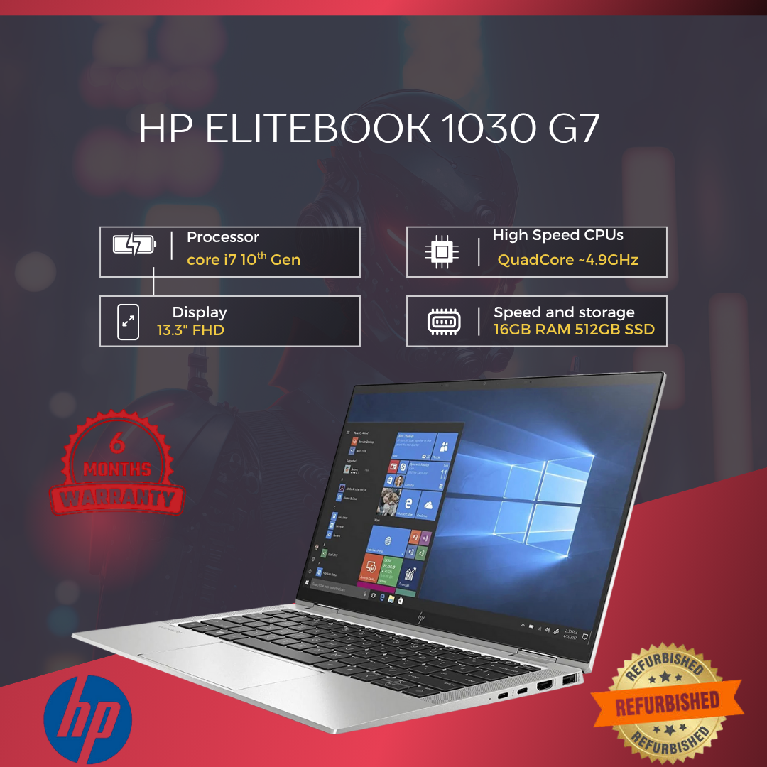 HP ELITEBOOK 1030 G7 COMBINES A 10TH GEN INTEL® CORE™ I7, 16GB RAM, 512GB SSD, AND A 13.3” TOUCHSCREEN DISPLAY INTO A FLEXIBLE, SECURE, AND PORTABLE LAPTOP FOR BUSINESS PROFESSIONALS.