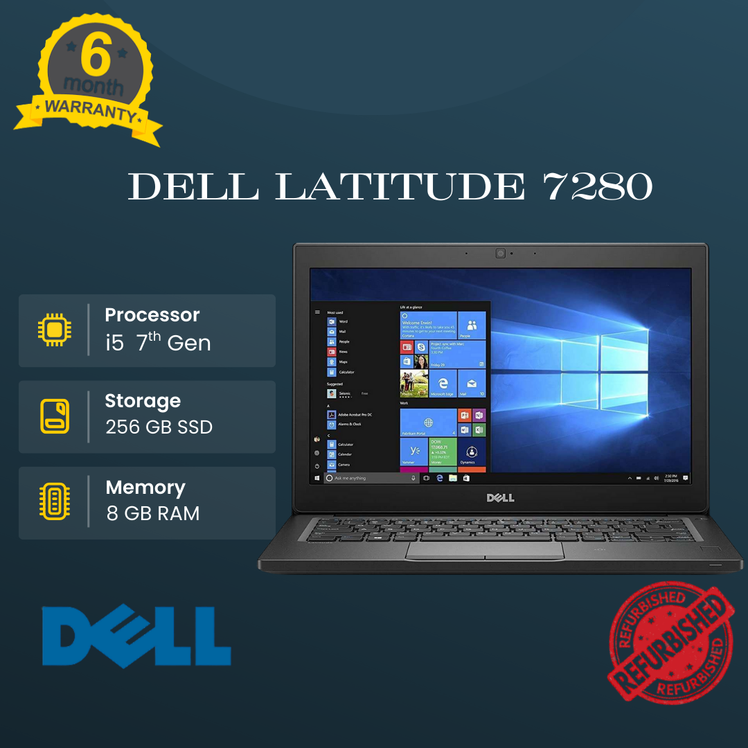 DELL LATITUDE 7280 FEATURES 7TH GEN INTEL® CORE™ I5, 8GB RAM, 256GB SSD, AND A 12.5” HD DISPLAY—DESIGNED FOR PROFESSIONALS REQUIRING PERFORMANCE, PORTABILITY, AND SECURITY.