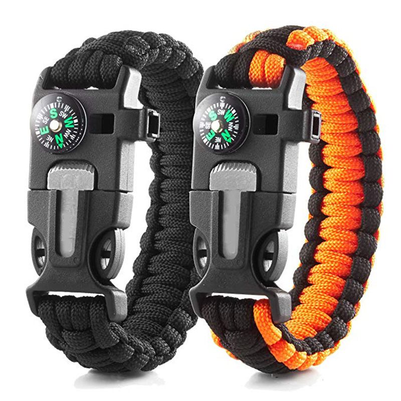 Mountain camping adjustable bracelet, outdoor survival parachute cord weaving wristband, compass, fire starter, rope cutting knife, survival whistle, emergency survival wristband