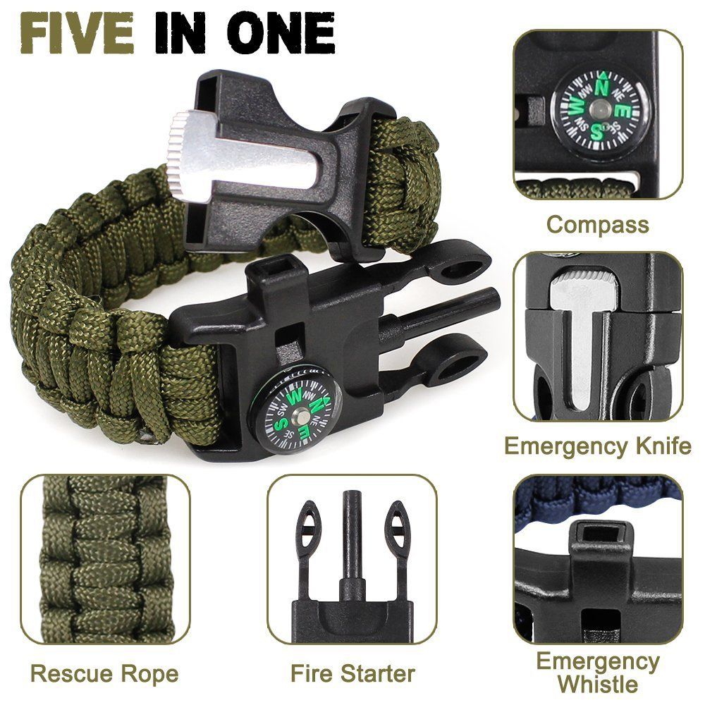 Mountain camping adjustable bracelet, outdoor survival parachute cord weaving wristband, compass, fire starter, rope cutting knife, survival whistle, emergency survival wristband