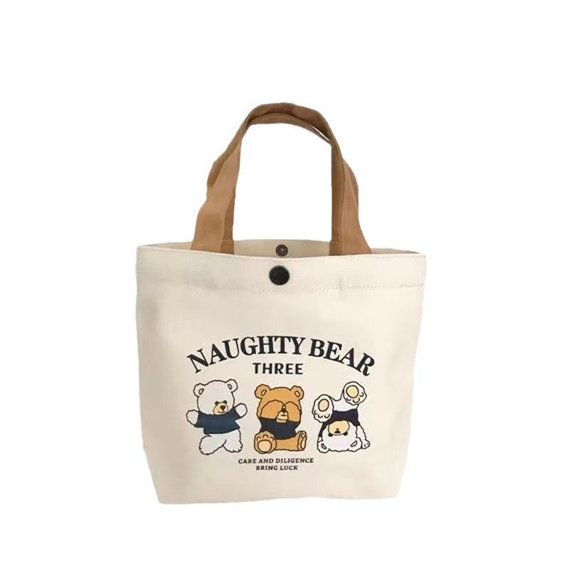 New Bear Print Canvas Tote Bag Portable Handbag for Work Commute Lunch Carry Eco Friendly Shoulder Bag