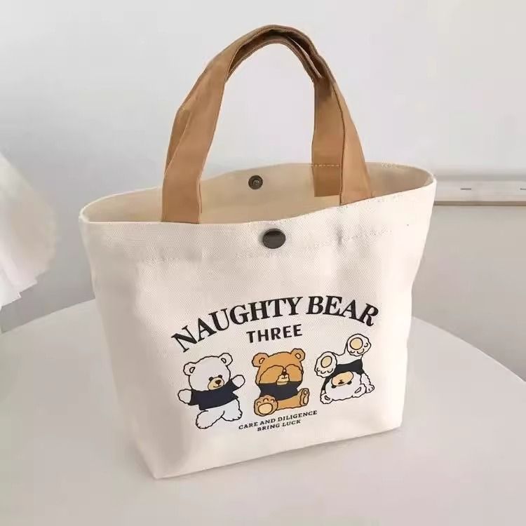 New Bear Print Canvas Tote Bag Portable Handbag for Work Commute Lunch Carry Eco Friendly Shoulder Bag
