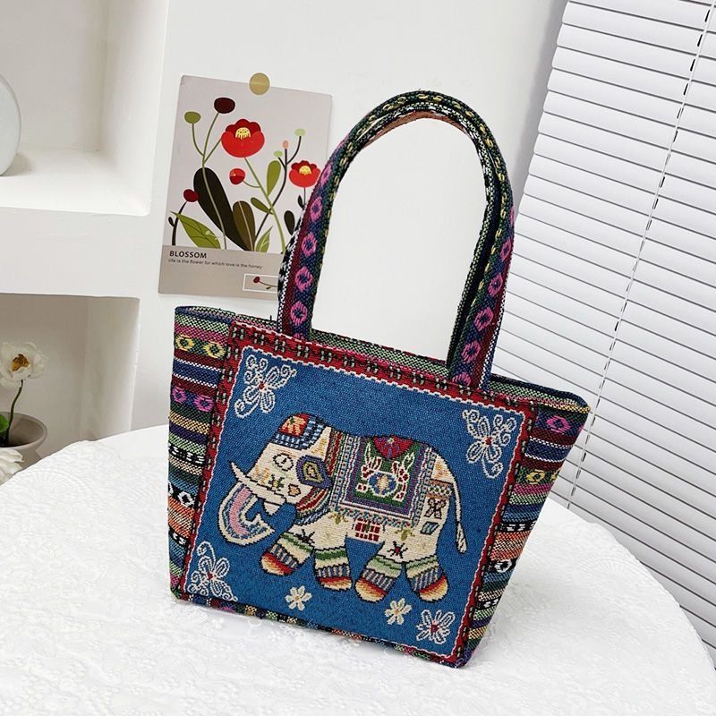 Ethnic Elephant Print Canvas Tote Bag Embroidered Handbag for Women Minimalist Work Commute Boho Style Shoulder Bag